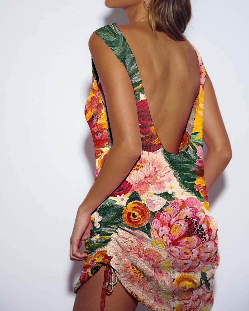 

Vacation Style Multicolor Floral Print Sleeveless Backless Ruched Mini Dress, Black