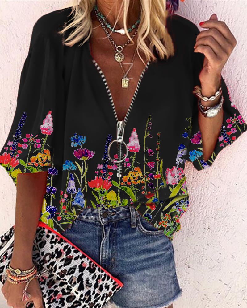 

Printed Floral Lantern Sleeve Zipper Design Casual Top, Black