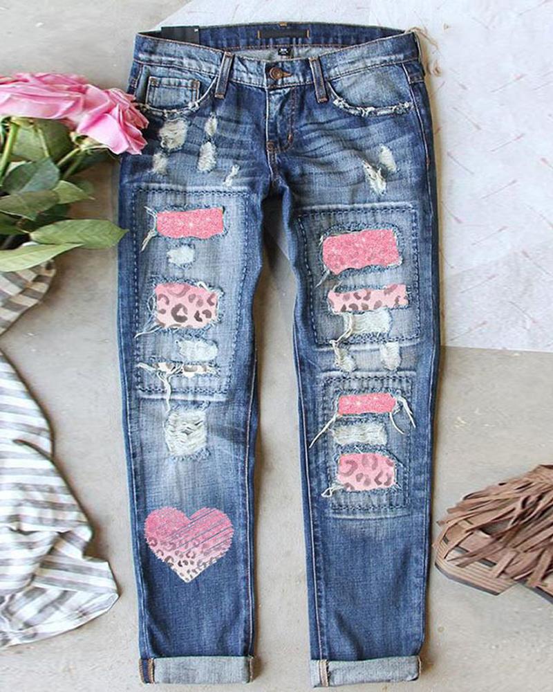 

Leopard Heart Print Zip Fly Ripped Jeans, Blue