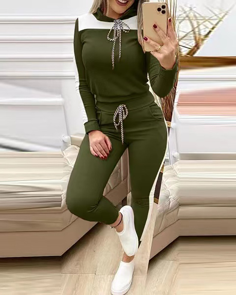 

Striped Print Long Sleeve Hooded Top & Drawstring Pants Set, Green
