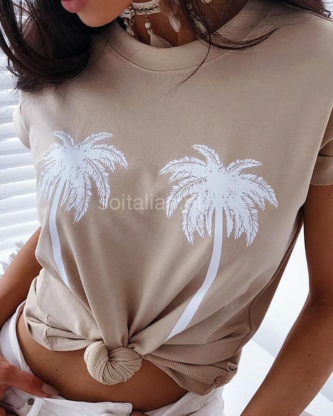 

Palm Print Short Sleeve T-Shirt, Pink