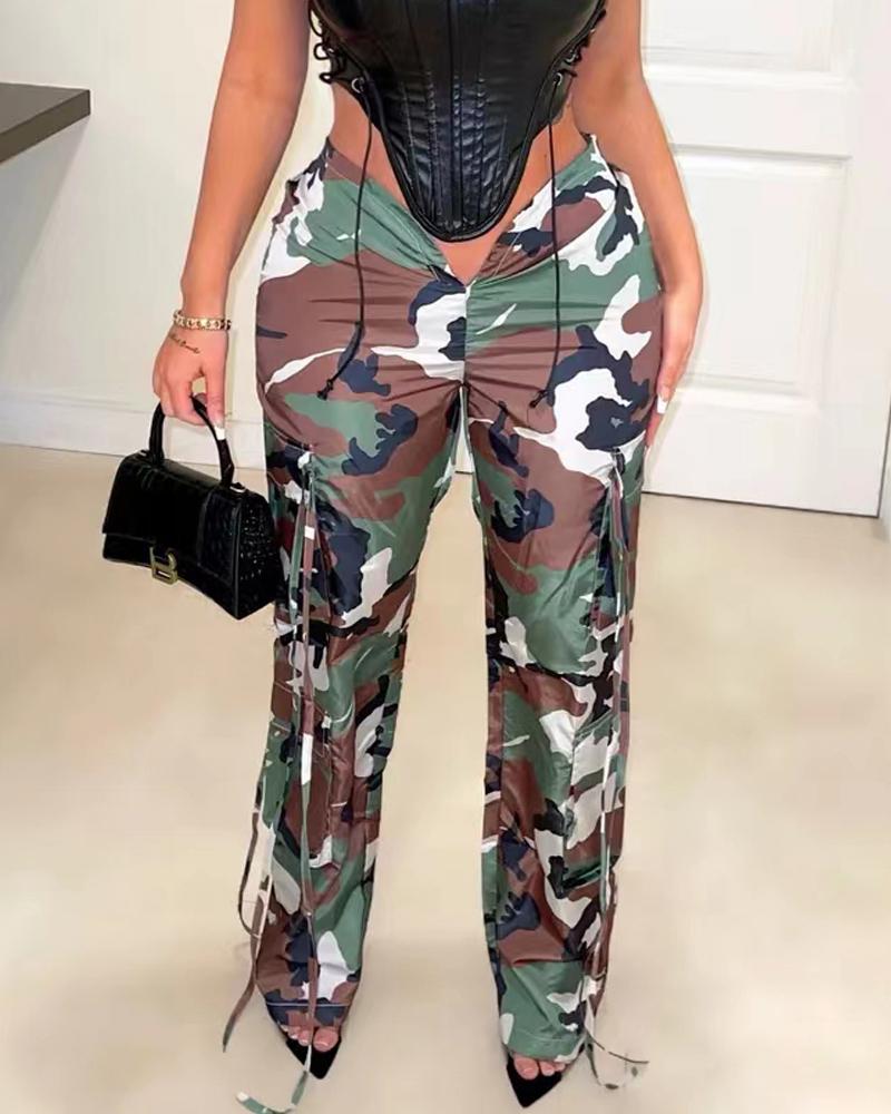 

Camouflage Print Pocket Design Ruched Cargo Pants, Camoflage
