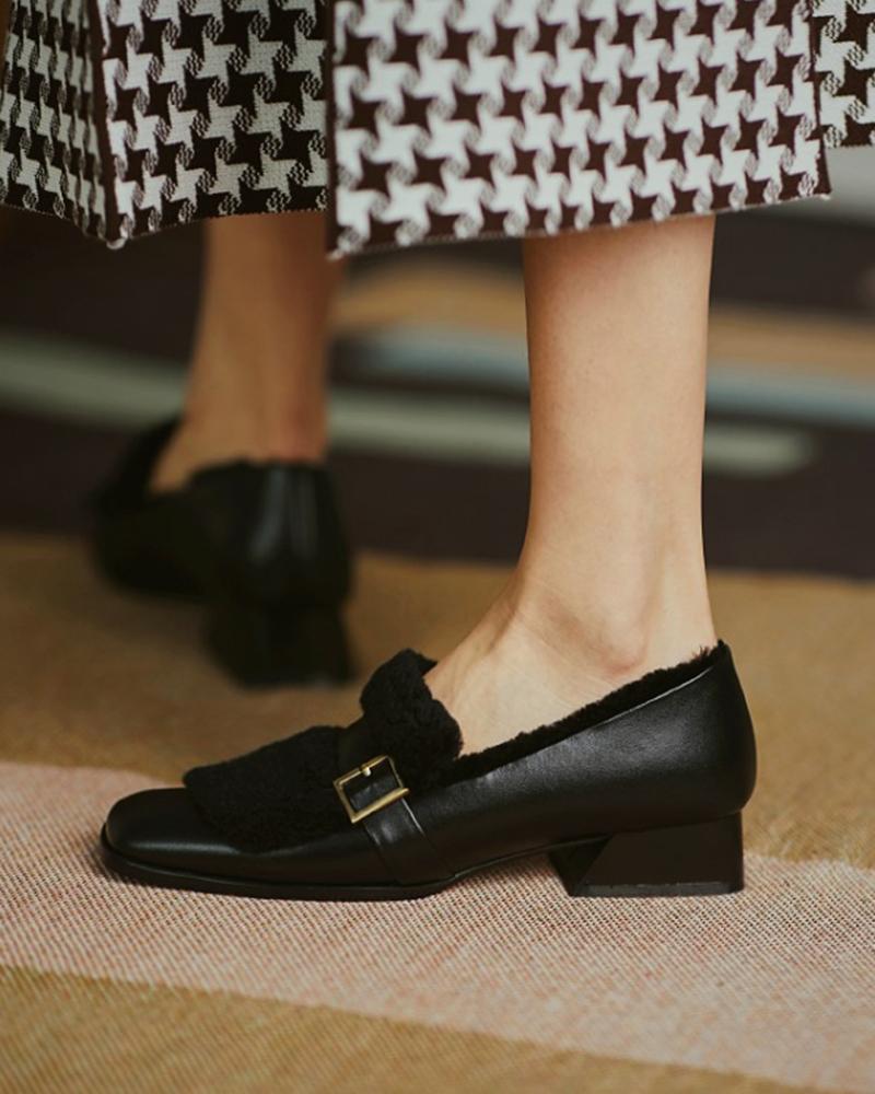

Fluffy Decor Buckled Square Toe Chunky Loafers, Black