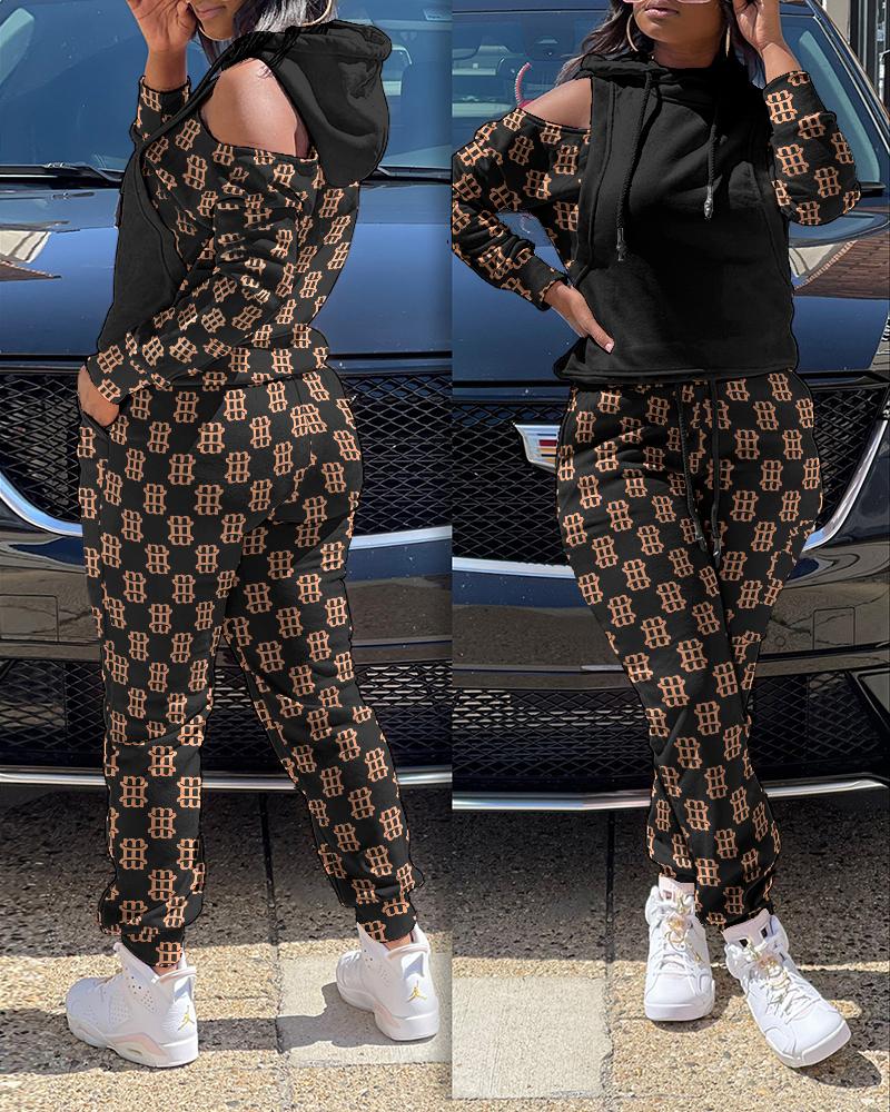 

ChicMe Letter Print Cold Shoulder Hoodie & Drawstring Pants Set, Black
