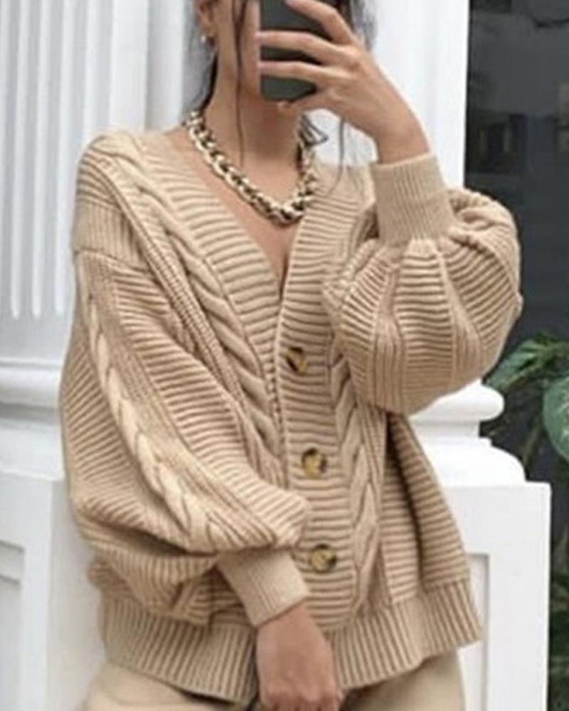 

Lantern Sleeve Button Front Cable Knit Cardigan, Khaki