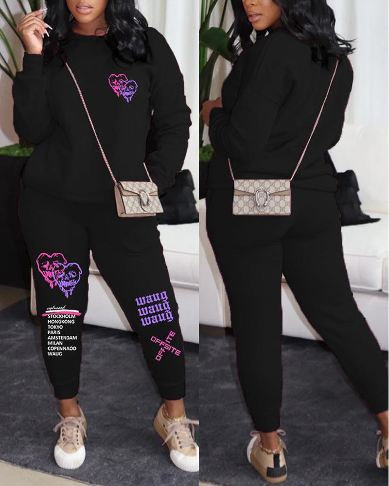 

Letter Heart Print Long Sleeve Casual Top & Pants Set, Black