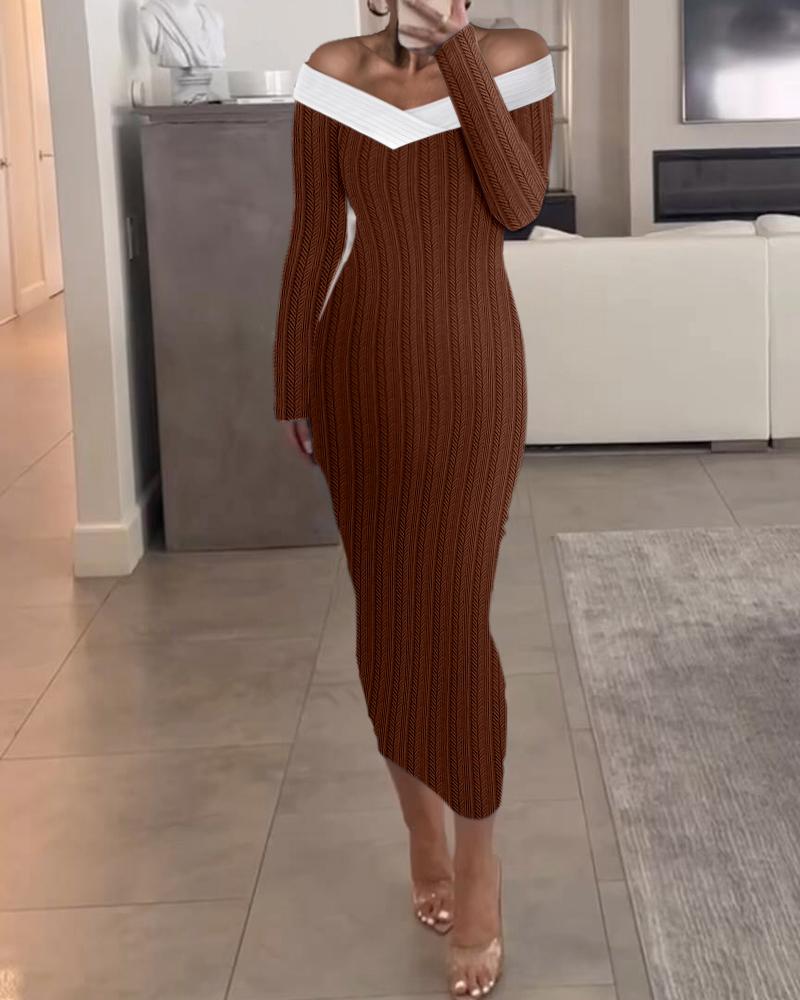 

Contrast Paneled Off Shoulder Ribbed Midi Dress, Coffee