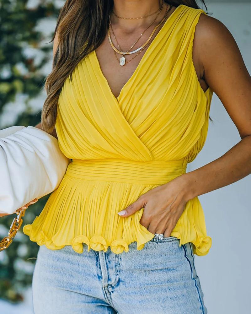 

Ruffle Frill Hem Thick Strap Plain Surplice Neck Top, Yellow