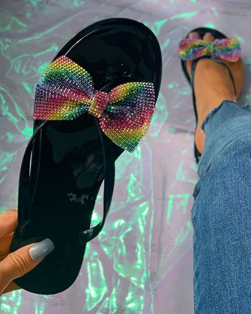 

Colorblock Rhinestone Bowknot Flat Sandals, Black