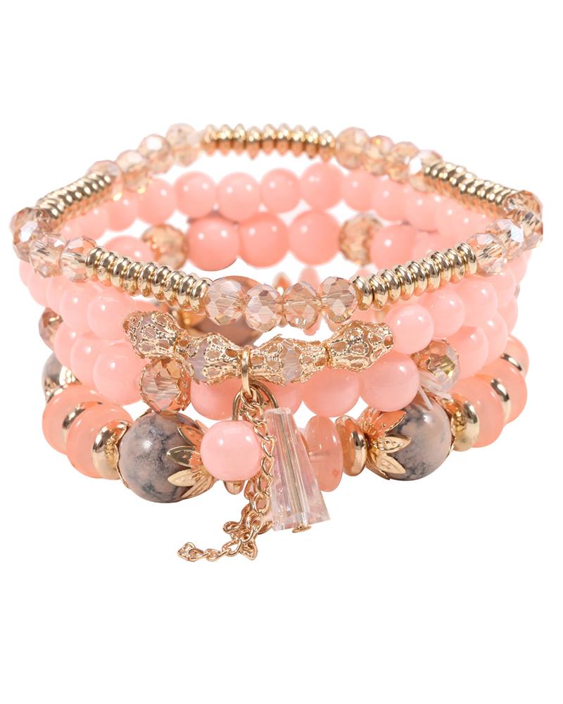 

4pcs Bohemian Crystal Stone Beaded Stackable Tassel Bracelets Set, Pink