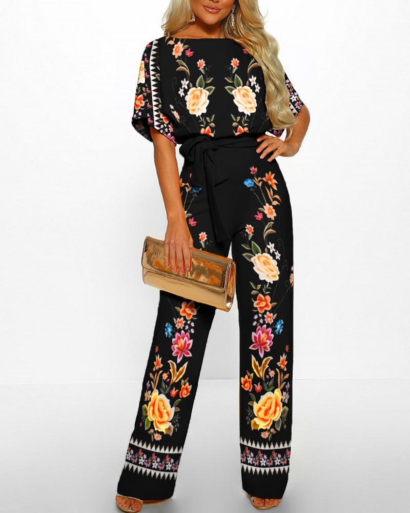 

Floral Print Batwing Sleeve Belted Jumpsuit, Black