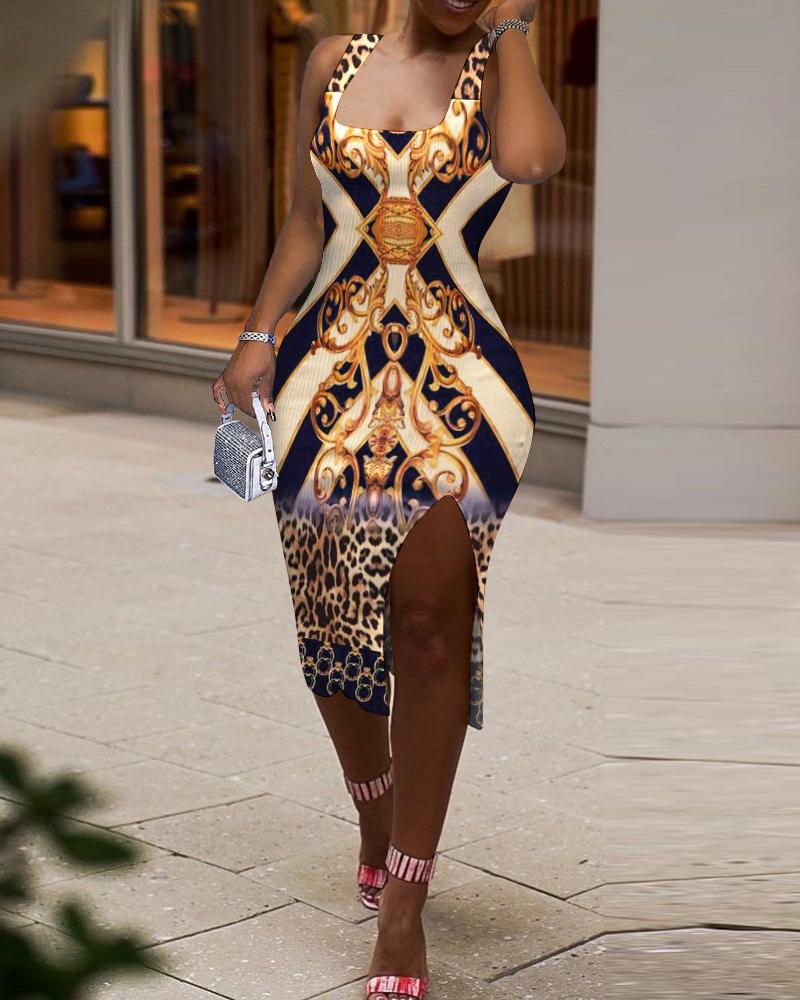 

Scarf Print Sleeveless Split Thigh Dress, Yellow