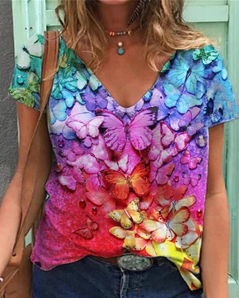 

Butterfly Print V Neck Short Sleve Casual T-Shirt, Style4
