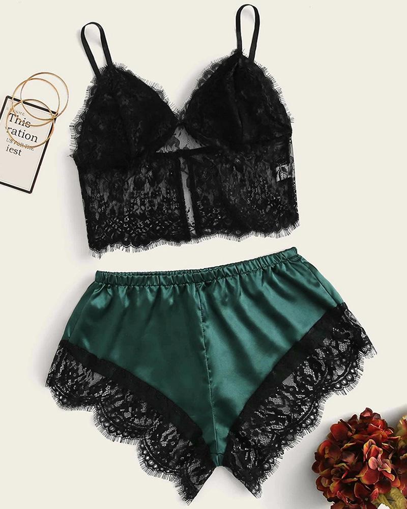 

Eyelash Lace Satin Cami Set, Green