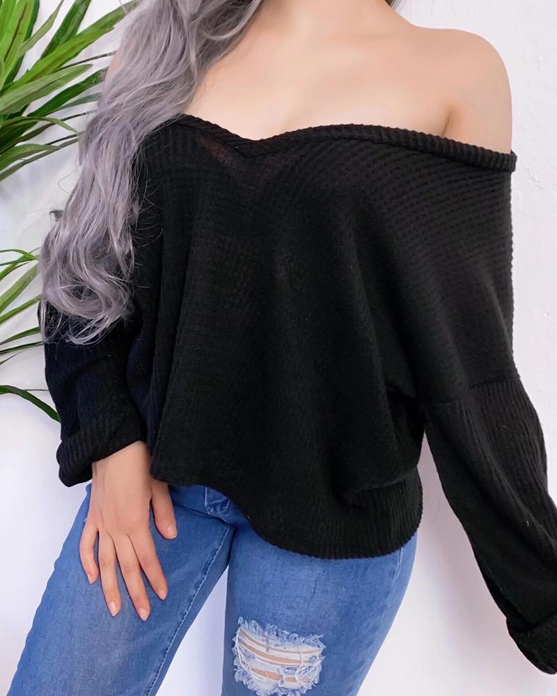 

Solid V Neck Ribbed Casual Blouse, Black