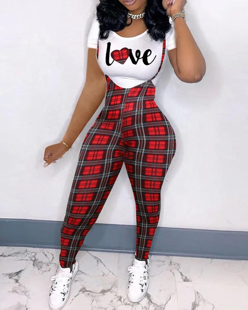 

Heart Letter Print T-shirt & Suspender Pants Set, Red