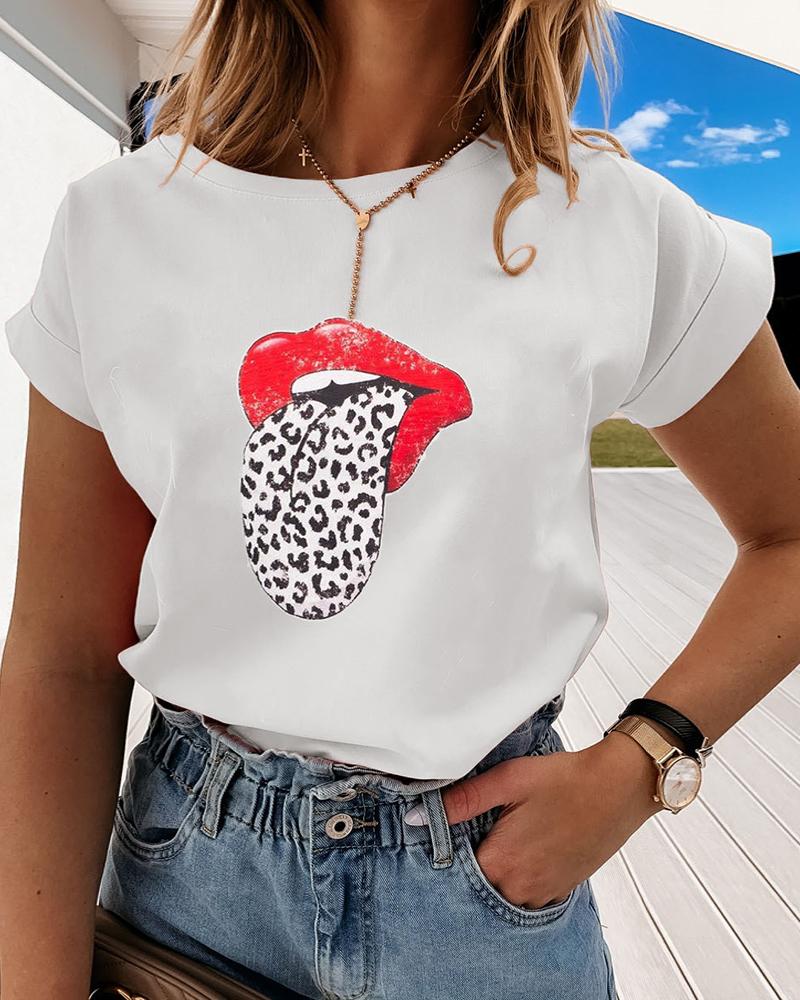 

Lip Print Short Sleeve Loose T-Shirt, White