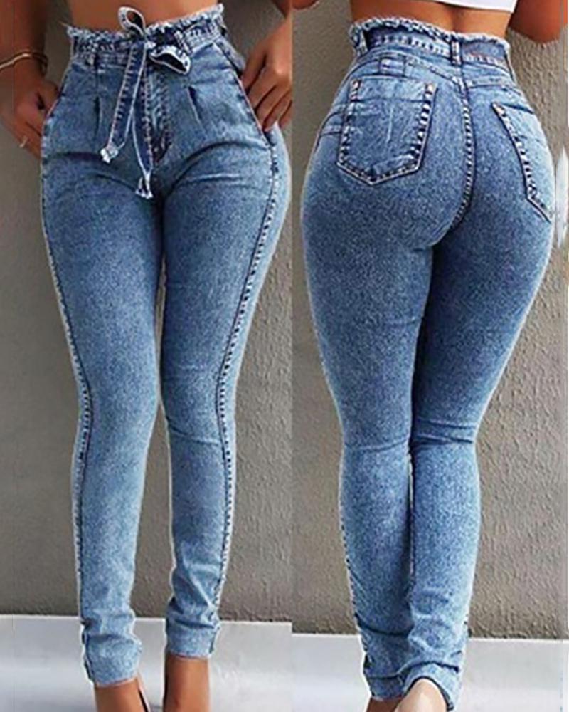 

Paperbag Waist Fringe Hem Denim Pants, Blue