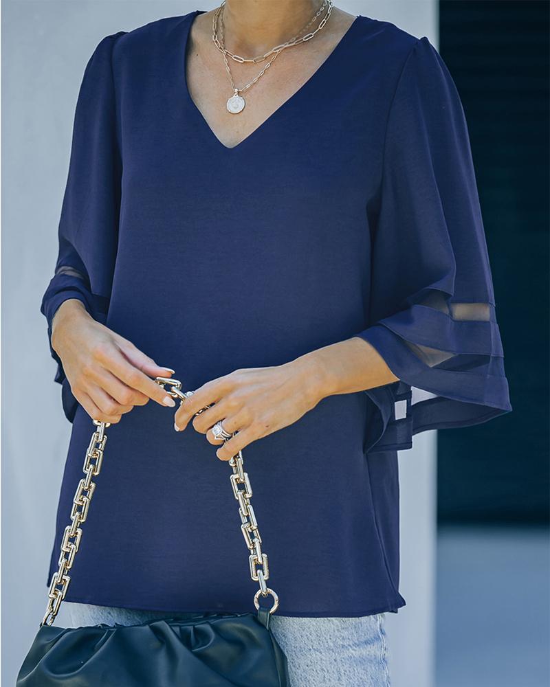 

Contrast Mesh Bell Sleeve Top, Purplish blue