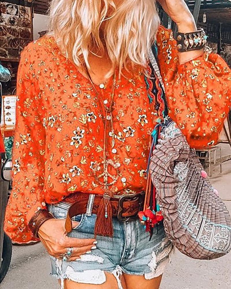 

Floral Print Lantern Sleeve Button Front Top, Orange