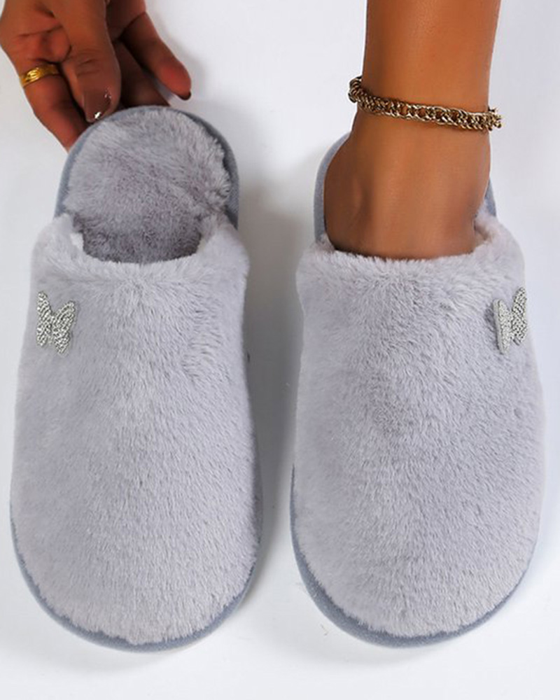 

Round Toe Butterfly Pattern Fuzzy Slippers, Gray