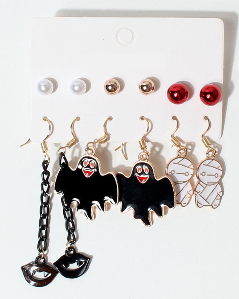 

6Pairs Halloween Pumpkin Witch Cat Lip Pattern Dangle Earrings Set, Style3