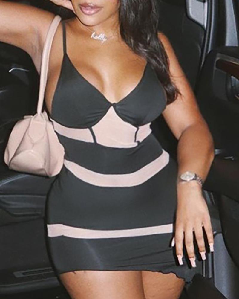 

Asymmetrical Spaghetti Strap Colorblock Bodycon Dress, Black