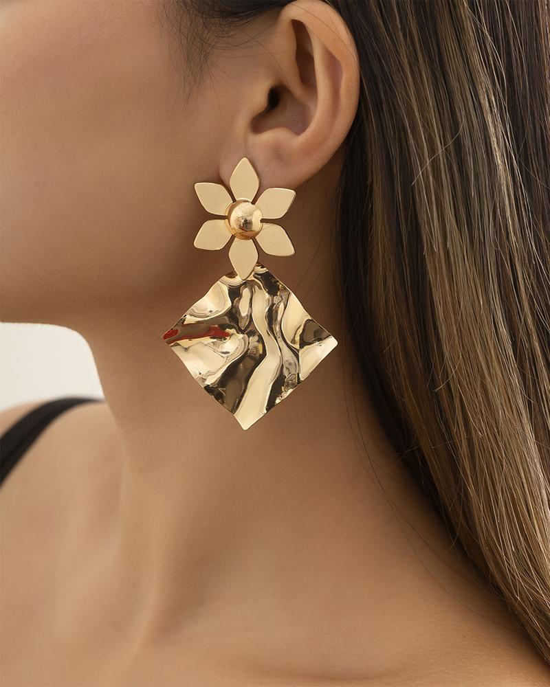 

1Pair Floral & Geo Shaped Drop Earrings, Gold