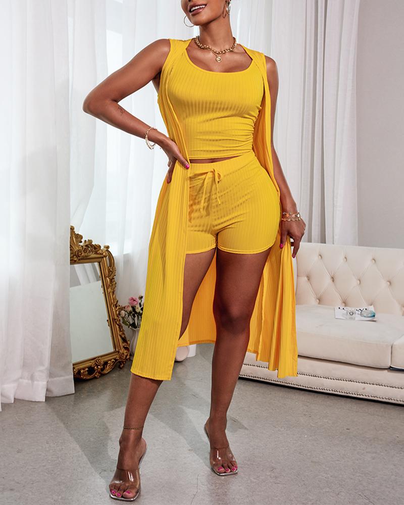 

3PCS Ribbed Crop Tank Top & Shorts Set With Vest Coat, Yellow