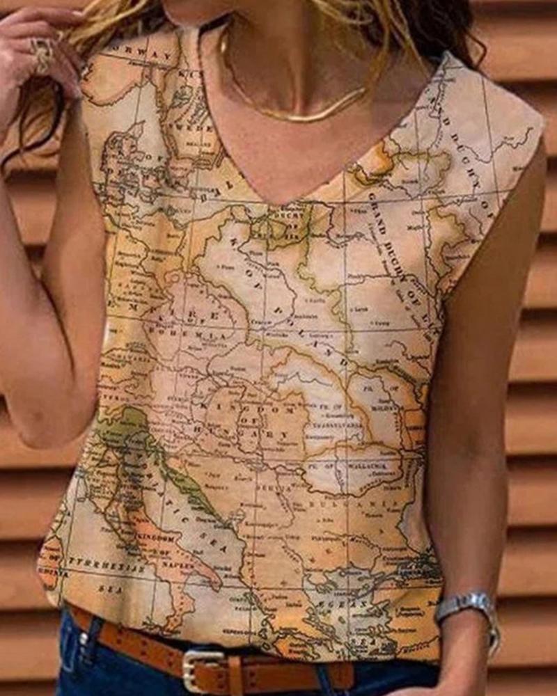 

Map Print Sleeveless Tank Top, Yellow