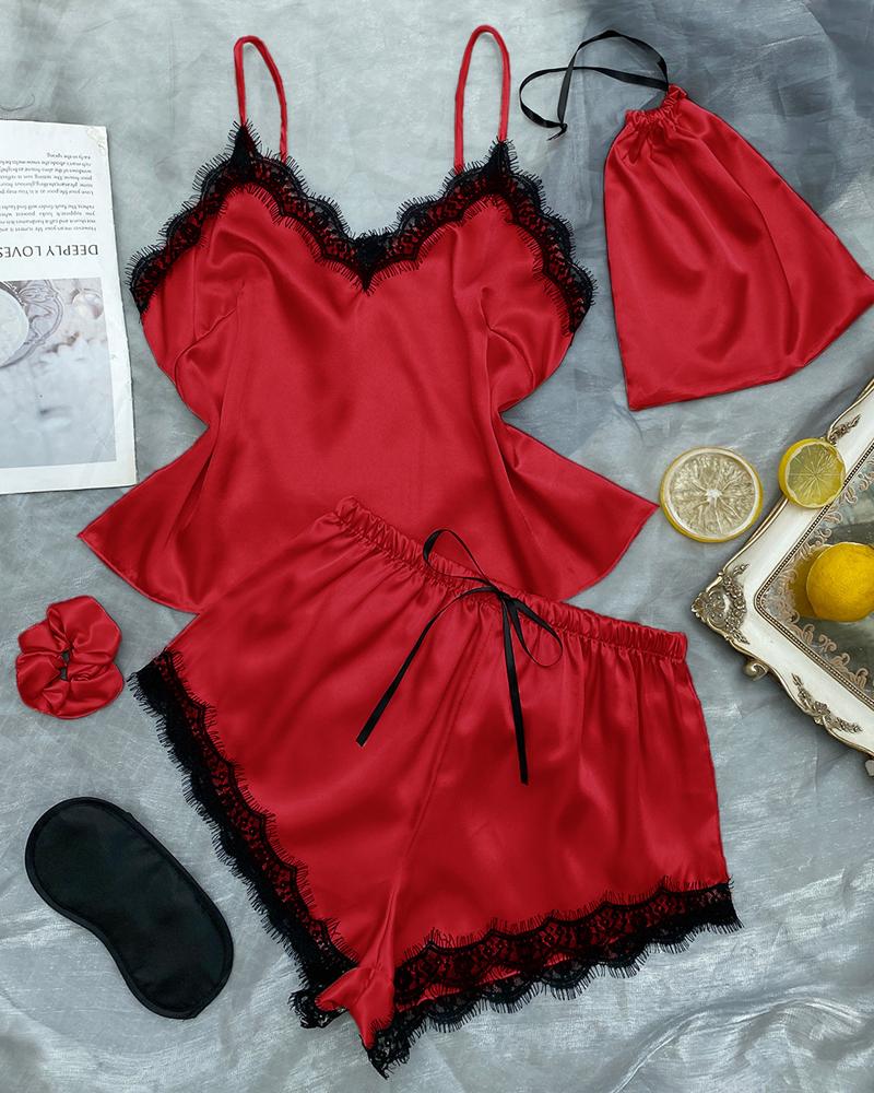 

Contrast Lace Bow Decor Cami Set, Red