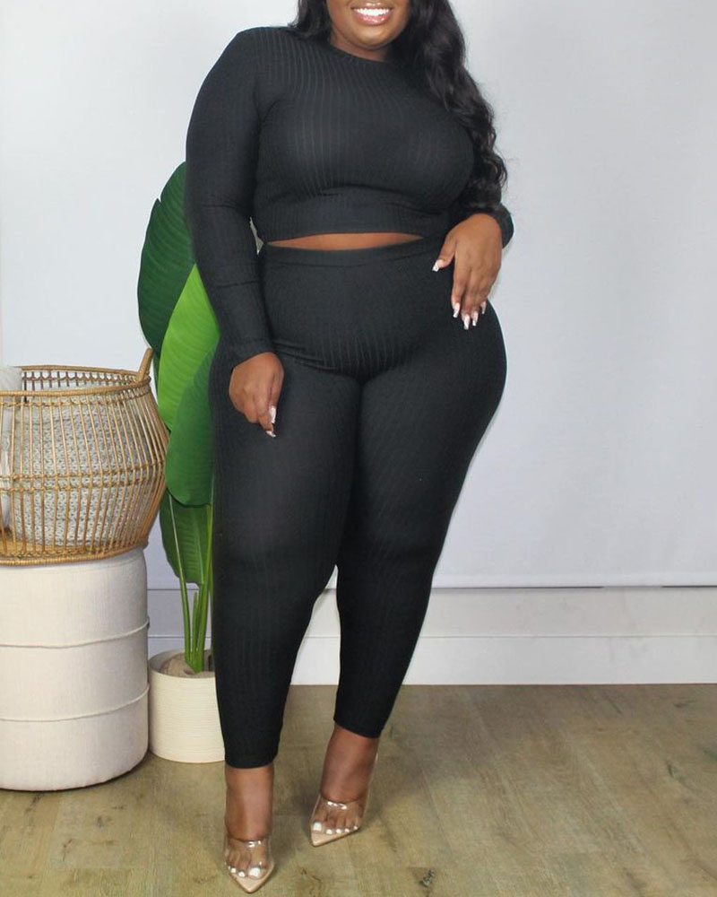 

Plus Size Ribbed Long Sleeve Top & High Waist Pants Set, Black