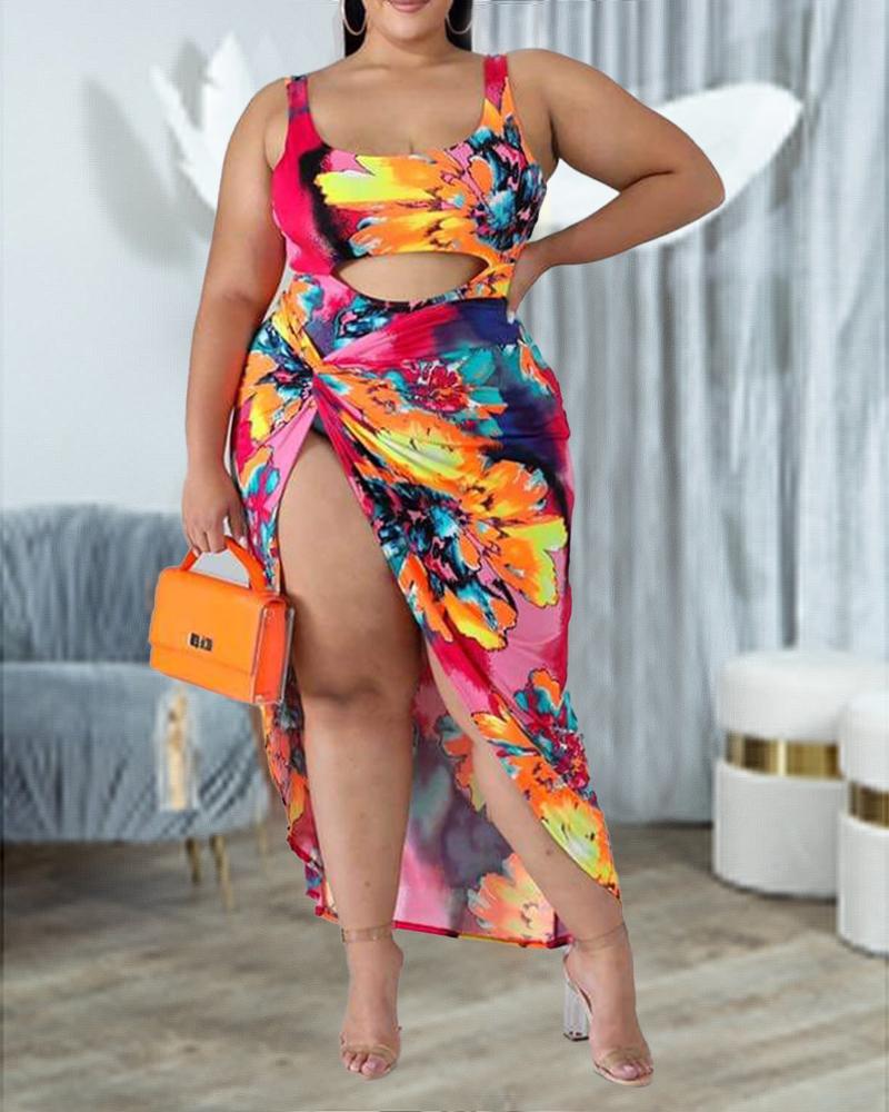 

Plus Size Tie Dye Print Cutout One-Piece Swimsuit With Cover Up, Multicolor