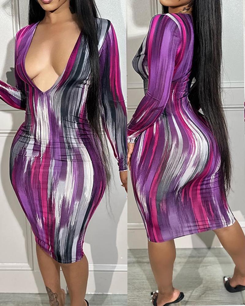 

Tie Dye Print Plunge Bodycon Dress, Purple