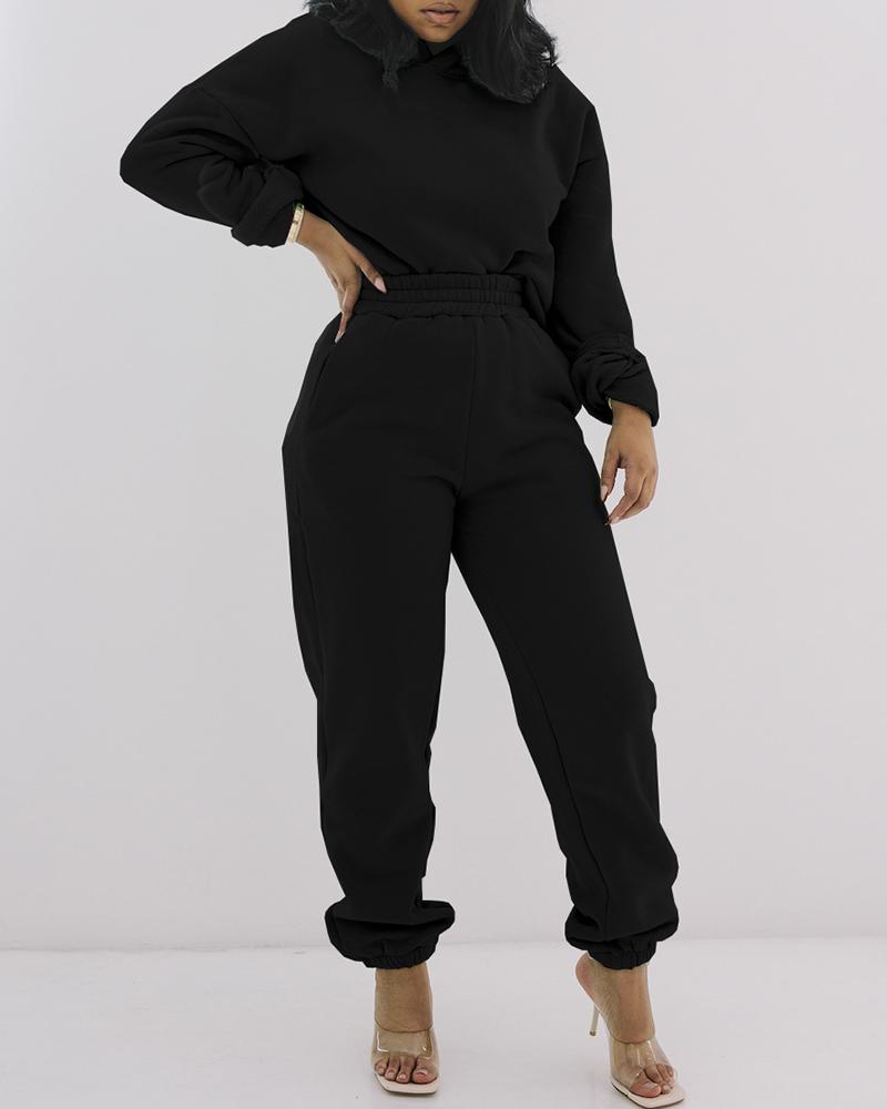 

Plain Long Sleeve Top & Pants Set, Black