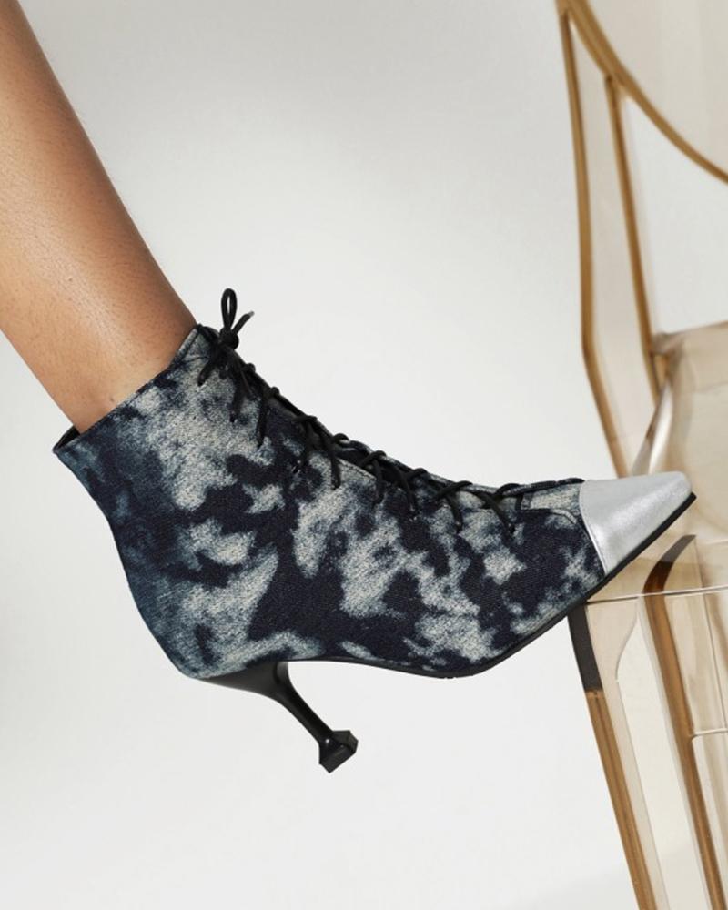 

Pointed Toe Lace-up Tie Dye / Plaid / Plain Pyramid Boots, Dark blue