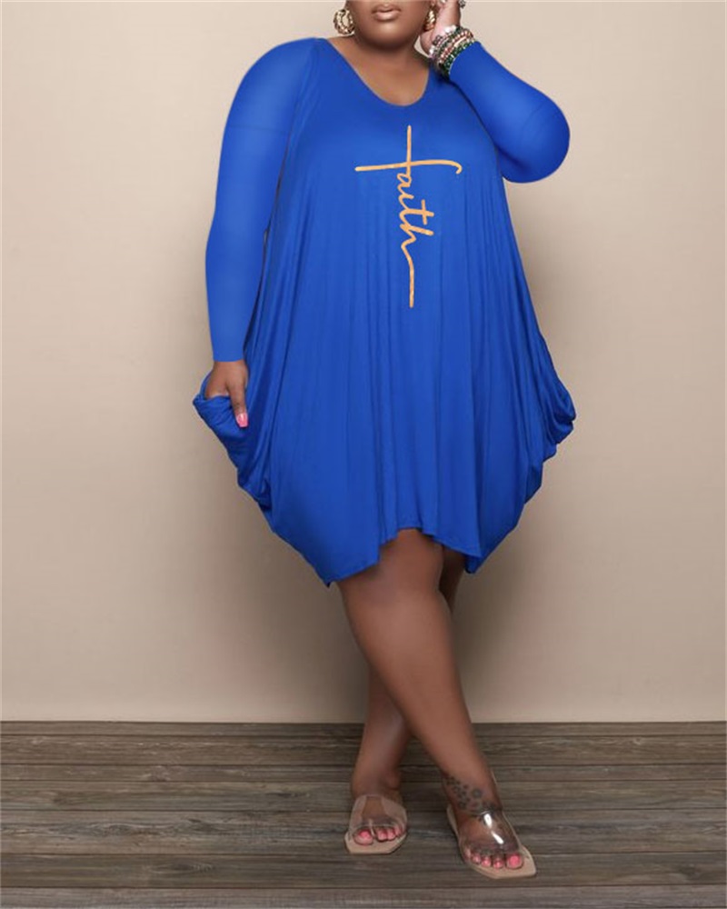 

Plus Size Letter Print Pocket Detail Long Sleeve Dress, Blue