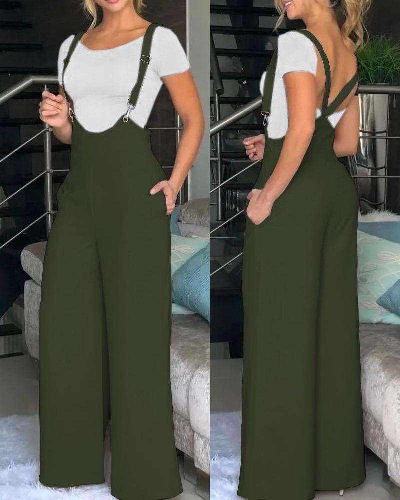 

Wide Leg Pocket Design Suspender Jumpsuit, Dark green