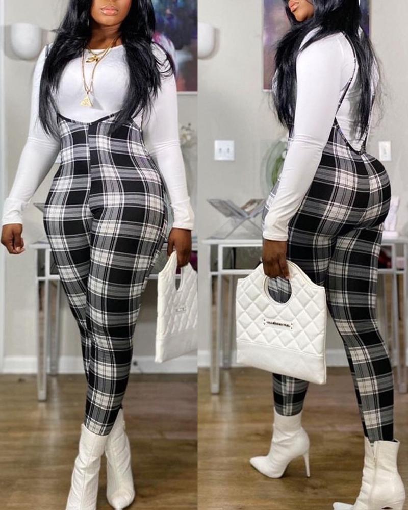 

Long Sleeve Top & Plaid Print Suspender Jumpsuit Set, Gray