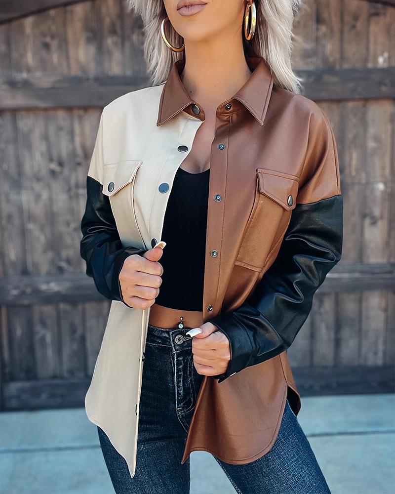 

Colorblock Patchwork Long Sleeve PU Leather Shacket, Brown