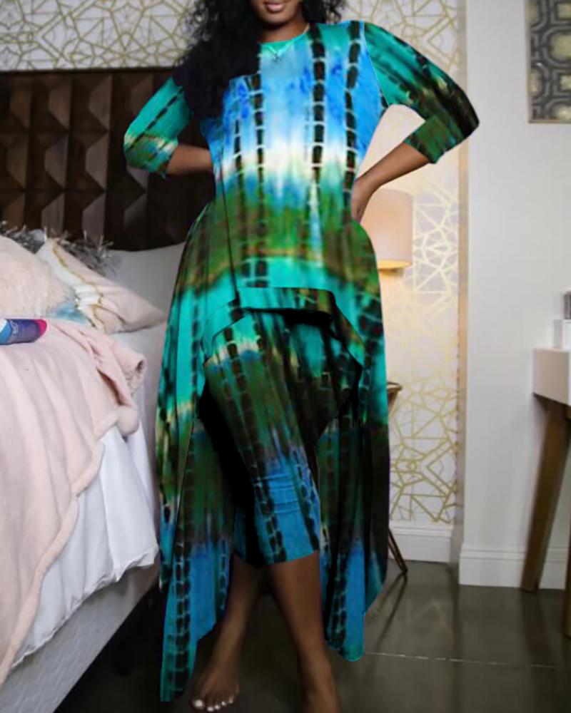 

Tie Dye Print Long Sleeve Dip Hem Top & Shorts Set, Green