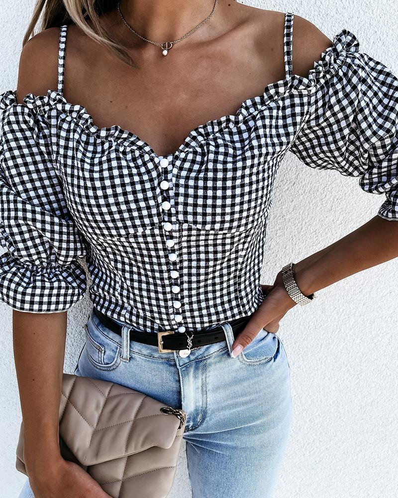 

Cold Shoulder Plaid Print Frill Hem Top, Black