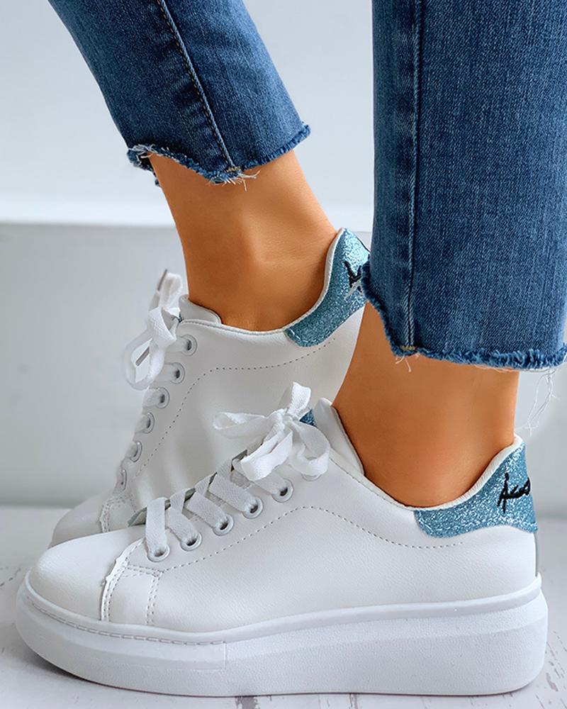 

Glitter Letter Embroidery Lace-Up Casual Sneakers, Blue