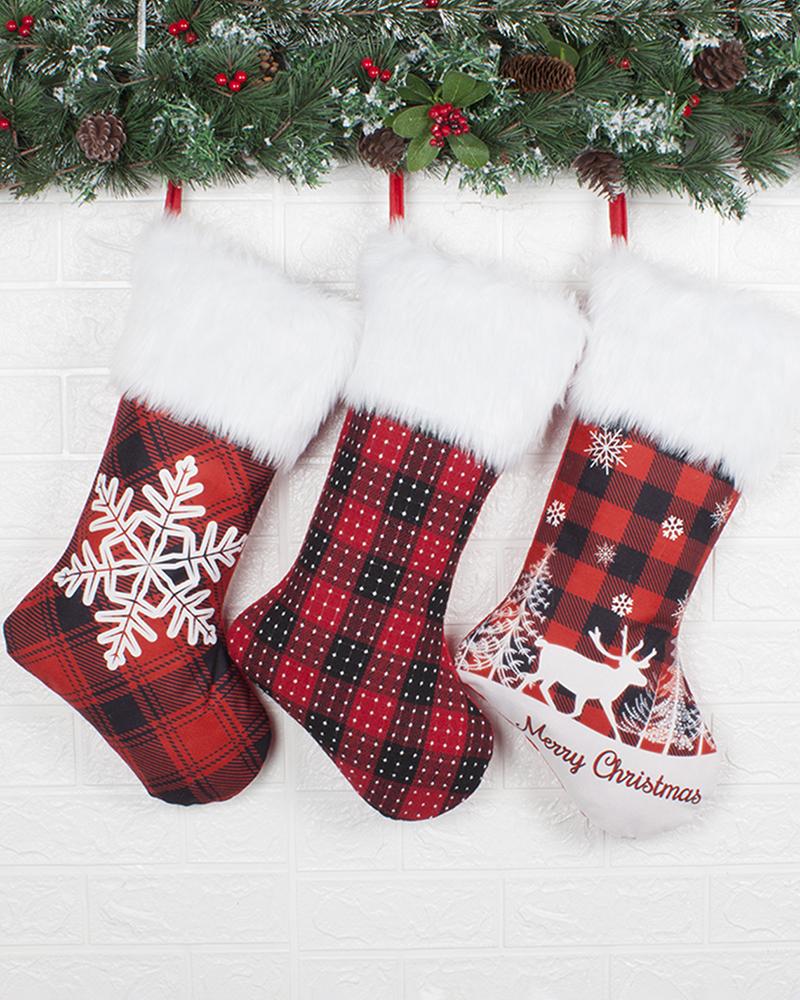 

Christmas Fluffy Trim Plaid Grpahic Print Stockings Hanging Ornaments, Style2