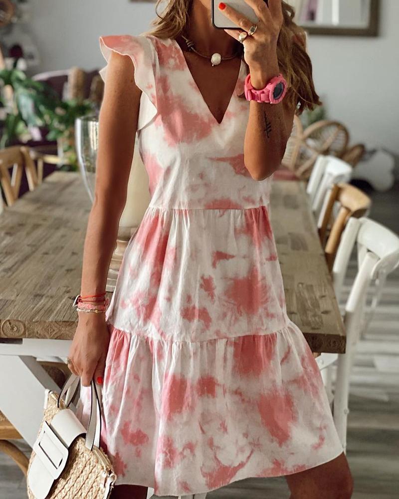 

Flutter Sleeve Tie Dye Print V-Neck Dress, Pink