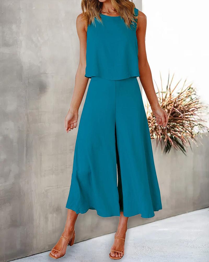 

Sleeveless Round Neck Top & Wide Leg Pants Set, Blue