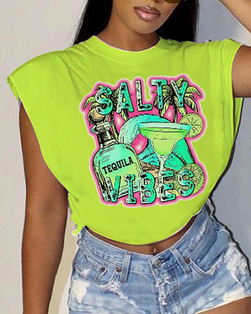 

Letter Graphic Print Cap Sleeve T-shirt, Green