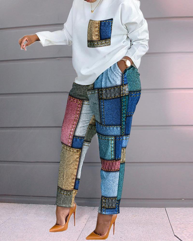 

Denim Look Print Long Sleeve Top & Pants Set, Multicolor