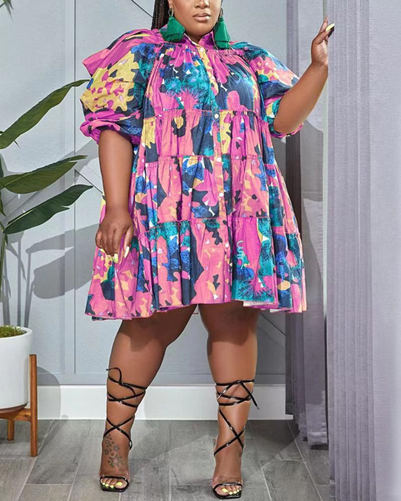 

Plus Size Allover Print Puff Sleeve Ruffle Hem Swing Dress, Pink