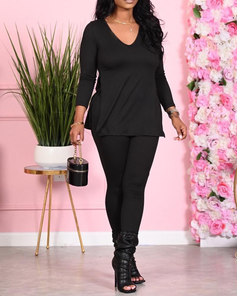 

Long Sleeve Split Hem Top & Pants Set, Black